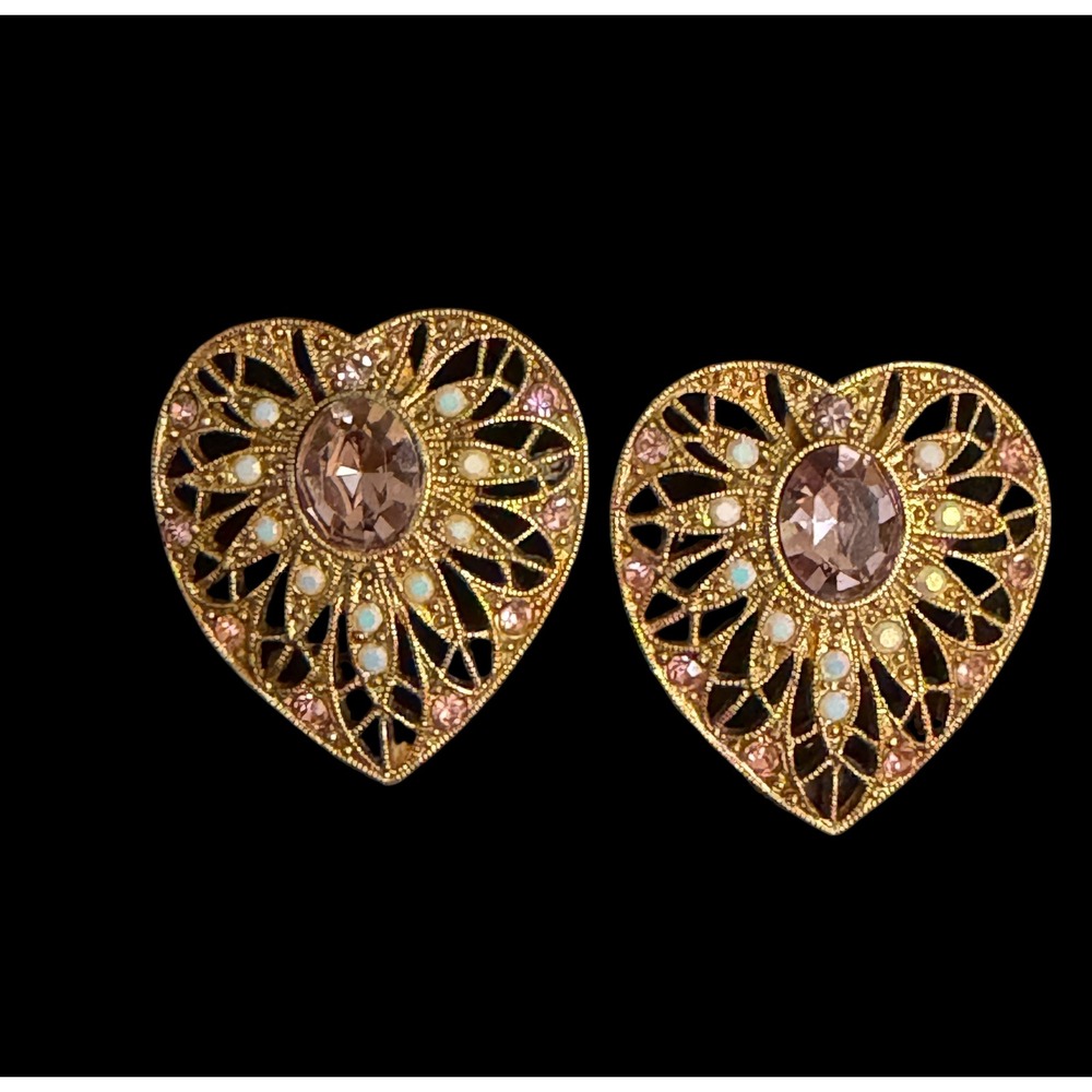 1928 Jewelry Gold Tone Pink Crystal Heart Filigree Clip On Earrings 1.25"